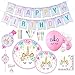 Bright Crescent Unicorn Party Supplies & Decorations - Disposable Tablecloth with Happy Birthday Banner, Plates, Straws, Blowers, 9 Oz Cups, White & Pink Unicorn Balloons – 122pcs, Serves 16 People