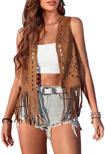 Women Tassel Vest 70s Hippie Faux Suede Rivets Sleeveless Fringe
