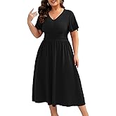 CARROTMOB Women's Plus Size Summer V Neck Long Dresses Short Sleeve A Line Ruffle High Waist Flowy Casual Dress