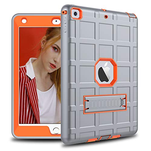 DONWELL Compatible for iPad 6 Case iPad 9.7 inch 2018/2017 Shockproof Defender Protective Cover with Kickstand Designed for iPad 5 5th 6th Generation Model A1823 A1822 A1893 (Type2- Grey/Orange)