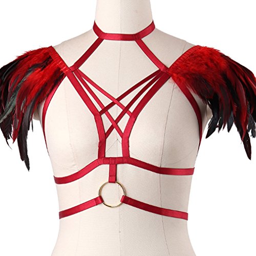 Red Feather Harness Caged Bralette Epaulette Wings Body Crop Top Plus Size Goth Fetish Art Clothing - Thumbnail 5