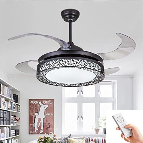 Creative LED Ceiling Lighting With fan, Remote Control Automatic Retractable Invisible ABS Blades Modern Ceiling fan With Light Indoor Chandeliers For Home Dining Room Café Restaurant Lounge Decoration , Black , 36 inch
