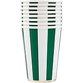 Bonjour Fête Green Cabana Stripe Paper Party Cups | Disposable Cups for Holidays, St. Patrick's Day, Christmas & Birthdays | Premium 12oz Party Supplies | Pack of 8 | Elegant Disposable Drinkware
