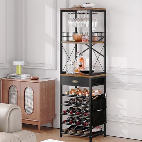 TENGTU Porta Botellas De Vino De 5 Capas para Botellas De Vino Y Licor, Rack De Almacenamiento con CajóN Y Portavasos, Medidas 30×40×148cm, FáCil De Montar para Cantina Bar Mueble para Casa