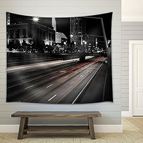 Urban Roads at Night,Black and Withe - Fabric Wall Tapestry Home Decor - 51x60 inches