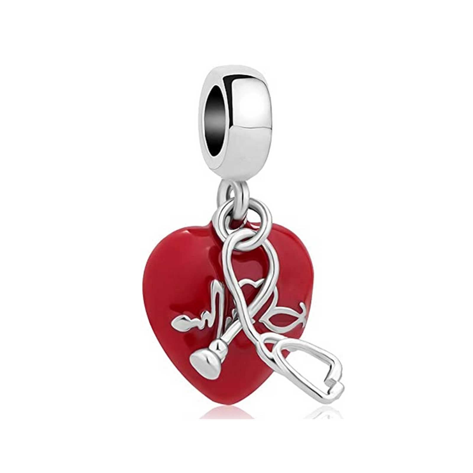 KunBead Jewelry Heartbeat Stethoscope Enamel Heart Love Nurse Dangle Charms Compatible with Pandora Bracelets Necklace for Women Girls