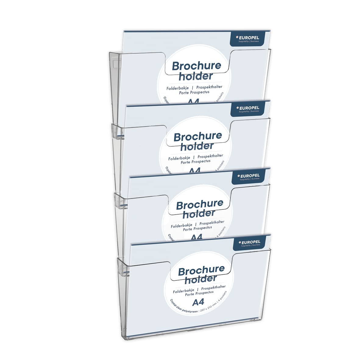 Europel-Wall Mounted Brochure Holder, Four Tier Dispenser, A4, Crystal Clear Acrylic, Connectable, Landscape, 350104.