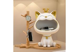 FIALAME Key Bowl for Entryway Table, Lucky Cat Statue Candy Dish for Office Desk Art Home Décor