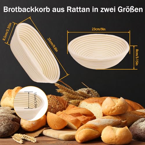 Set of 2 Proofing Baskets, Proofing Basket, Bread Set, Round and Oval Proofing Basket for Bread Baking Set, Bread Basket with Bread Knife with Five Blades, Washable Linen Insert, for Professional and Domestic Bakers