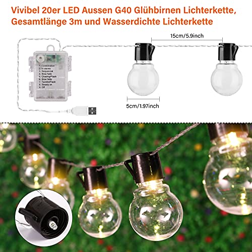 Lichterkette Glühbirnen Außen, 3M 20er LED Aussen G40 Glühbirnen Lichterkette mit Batterie, 8 Modi Wasserdichte Lichterkette, Warmweiß Garten Lichterkette Beleuchtung für Party Garten Hof Balkon