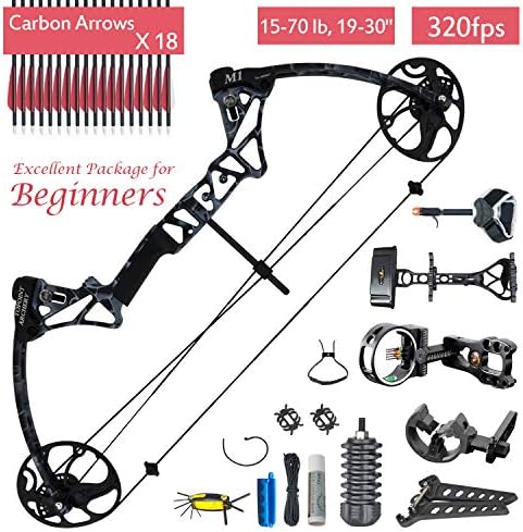 XQMART Archery Compound Bow Package with Hunting Accessories for Adults,Right Handed,19-30" Draw Length,15-70Lbs Draw Weight,IBO Rate 320fps(Ship from USA Warehouse (DF-M1-Black Camo)