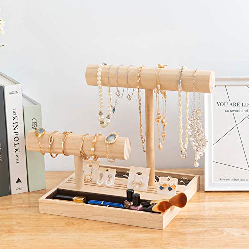 2 Tier Necklace Holder Wooden Bracelet Holder Stand T Bar Jewelry Display Stand Holder Organizer Bangle Watch Stand Holder with Ring Tray for Earring Cards Watches Bracelets Necklaces Chains