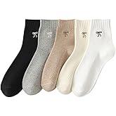 OYOANGLE Women's 5 Pairs Cute Bow Embroidery Crew Socks Soft Cozy Ribbed Sock
