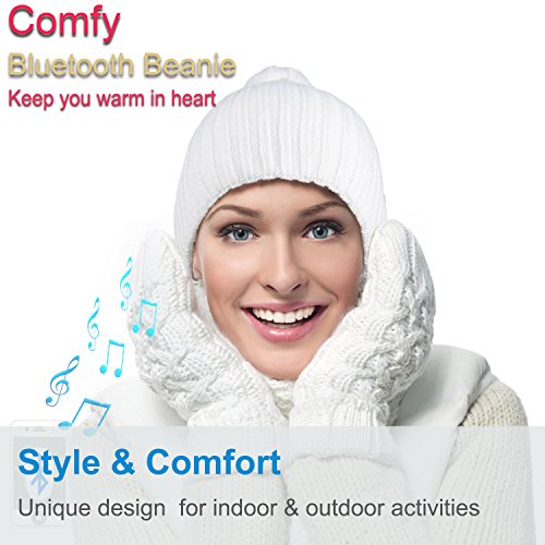 Qshell Unisex Adult Bluetooth Beanie Hat Trendy Soft Warm Short Audio Music Cap with Wireless Headphone Headset Speaker Mic Hands-free,Christmas Gift for Winter Outdoor Sport Skiing Snowboard - White