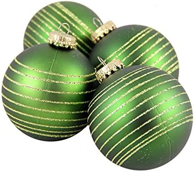 By Barcana 4ct Green and Gold Pinstripe Shatterproof Christmas Ball Ornaments 2.75" (70mm)