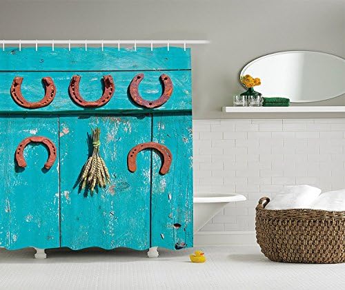 Western Decor Collection, Five Antique Rusty Luck Symbol Horseshoe and Wheat Ears Bunch Picture, Polyester Fabric Bathroom Shower Curtain Set with Hooks, Turquoise Brown