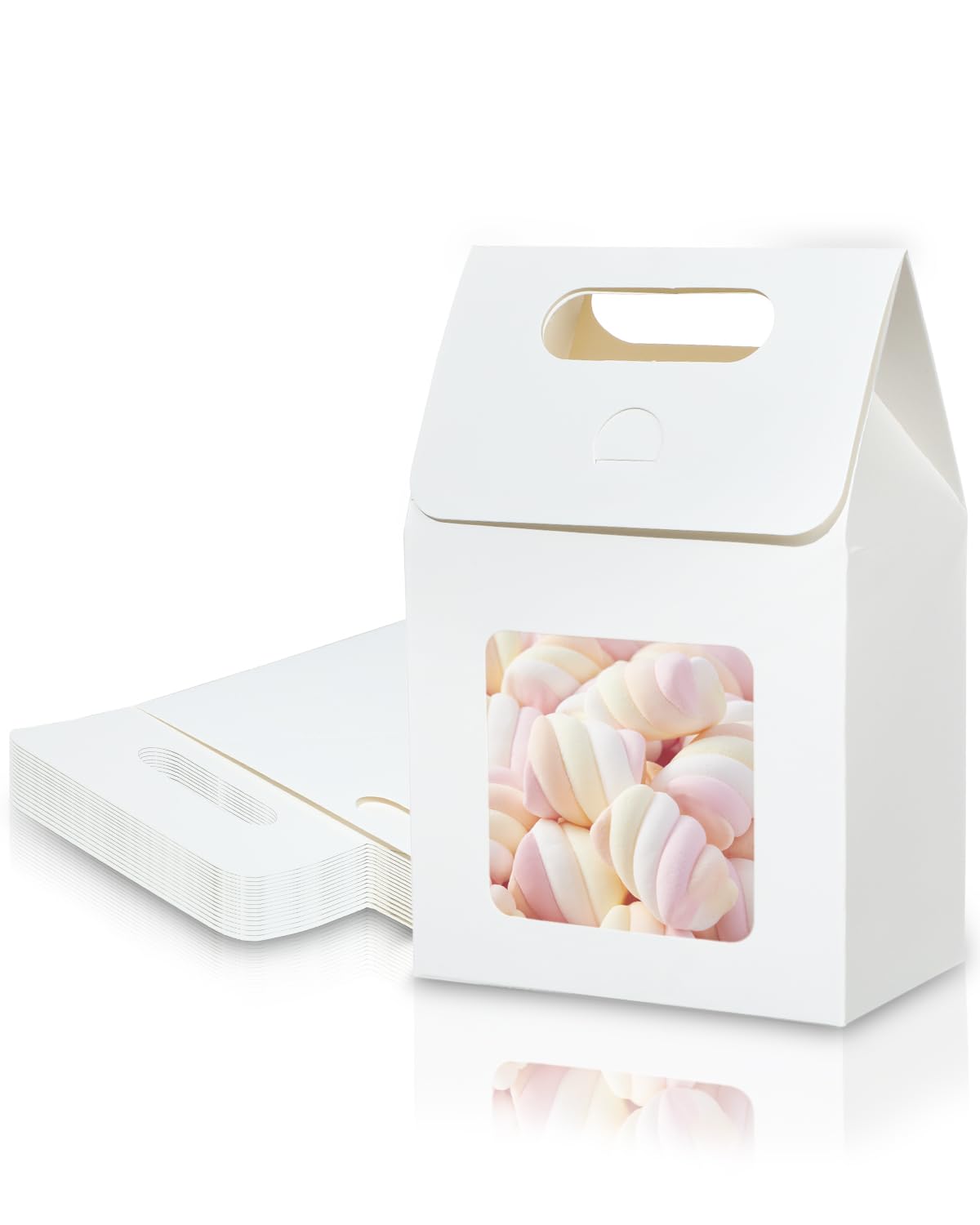 Photo 1 of 24 Pieces MINI Kraft Paper Gift Bags with Clear Window Small Goodies Gift Boxes with Handle 5.9 x 3.9 x 2.3inch Gable Candy Treat Box for Purim, Bakery Cookies, Wedding Favors, Small Business (white)