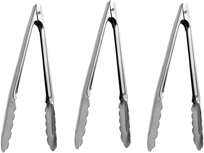 (Set of 3) Stainless Steel Utility Tongs 7-Inch, Heavy Duty Small Kitchen Tongs with Scalloped Gripping Edge, Metal Tongs by Tezzorio