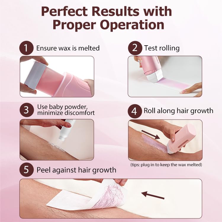 Roll on Wax Kit, Waxing Kit for Women and Men, Wax Roller Waxing Kit for All Skin Types, Roll on Waxing Kit for Hair Removal, with Honey and Rose Wax Cartridges & 50 Pcs Wax Strips