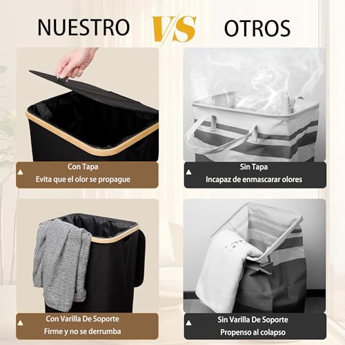 LIKYO Cesto de la Ropa Portátil Grande de 105L con Tapa Cesto de la Ropa Plegable con Tapa Ahorra Espacio en Taquillas, Dormitorios y Lavanderías, Adecuado Para Viajar, uso Doméstico（Negro）