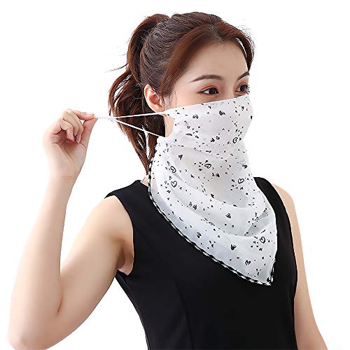 Outdoor Women\'s Sun Protection Anti-Dust Bandanas Cycling Chiffon Face Cover Multifunctional Scarf Mask (White-Heart)