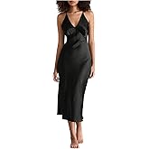 WDIRARA Women's Sexy Satin Nightgowns Slip Dress V Neck Spaghetti Strap Long Nightdress Chemise Lingerie Sleepwear