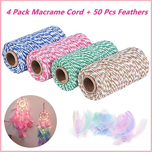 4 Pack Macrame Cord 2mm x 109yd & 50 Feathers, Natural Macrame Cotton Rope DIY Craft, 2 Strand Twisted Cotton Cord for Wall Hangings, Plant Hanger, Dream Catcher, Knitting, Decorative Projects