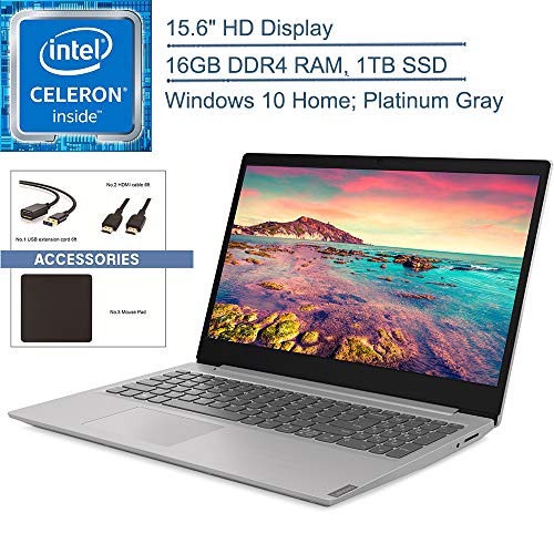 2020 Lenovo IdeaPad S145 15.6″ Laptop Computer, Intel Celeron 4205U 1.8GHz, 16GB DDR4 RAM, 1TB SSD, 802.11ac WiFi, Bluetooth 4.1, USB 3.1, HDMI, Platinum Gray, Windows 10 Hone, YZAKKA Accessories