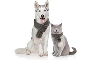 DELIFUR Dog Christmas Knitted Scarf with White Pompom Warm Winter Holiday Accessories for Small Medium Cats Dogs Lovely Winter Outfits (M, Gray)