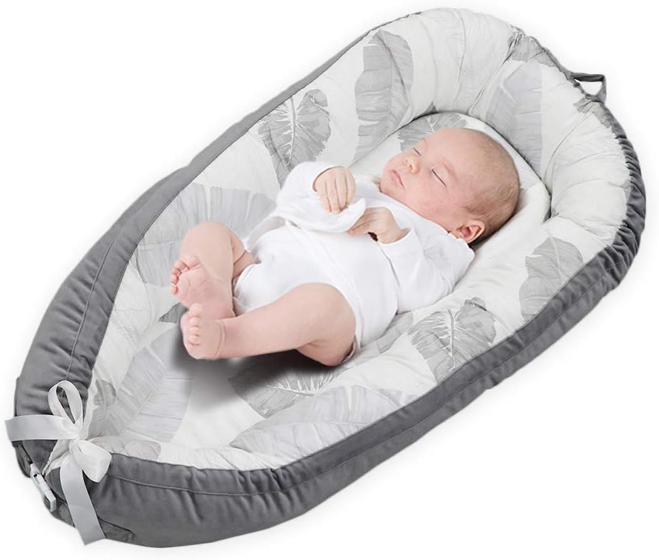 Detachable Double-Sided Newborn Lounger, Puzzlos Portable Soft Breathable Baby Snuggle Nest, Removable Cover Baby Bionic Bed for Infants Toddlers - 100% Cotton & Suede Crib Mattress for Bedroom Travel