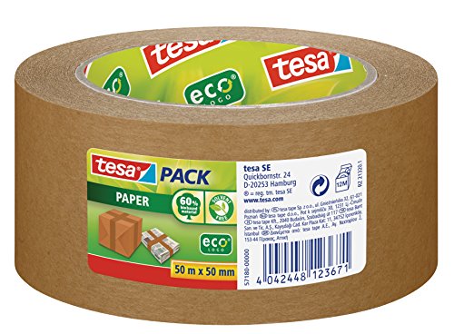 tesa Papieren verpakkingstape van gerecycled materiaal voor het verpakken van pakketten en dozen, 50 m x 50 mm, 6 stuks