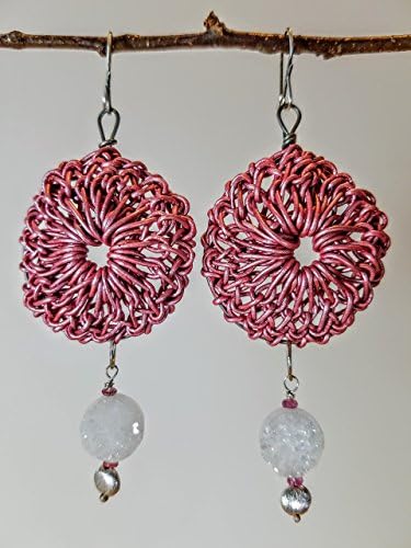 Rose Leather Rosette Earrings on Titanium Hoops with Round White Druzy, Pink Tourmaline & Brushed Sterling on Sterling Silver Earwires - 100% Handmade