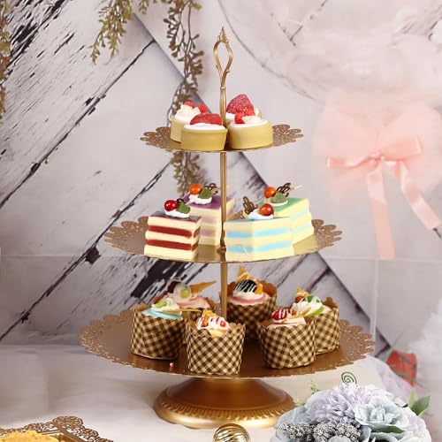 GMWD Set of 7 Gold Cake Stand Desserts Display Table Pedestals 3-Tiered Cupcakes Holder Serving Tray Decorative Weddings Birthdays Party Baby Showers Celebrations
