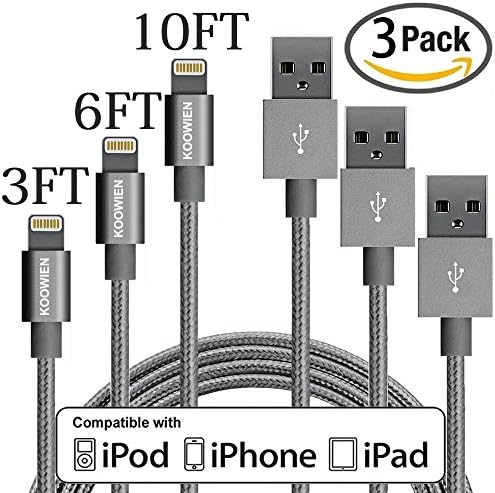 Lightning Cable, KOOWIEN 3 Pack 3FT Extra Long Premium Nylon USB Charging &amp; Syncing Cord Charger for Apple iPhone SE,6s,6s+,6Plus,6,7,7plus, iPhone se,iPad Mini,Mini 2,iPad 5,iPod 7 (Grey)