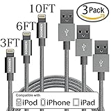 Lightning Cable, KOOWIEN 3 Pack 3FT Extra Long Premium Nylon USB Charging & Syncing Cord Charger for Apple iPhone SE,6s,6s+,6Plus,6,7,7plus, iPhone se,iPad Mini,Mini 2,iPad 5,iPod 7 (Grey)