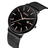 Mens Black Slim Watches Men 30M Waterproof Luxury Casual Wrist Watch Stainless Steel Mesh Watch for Men