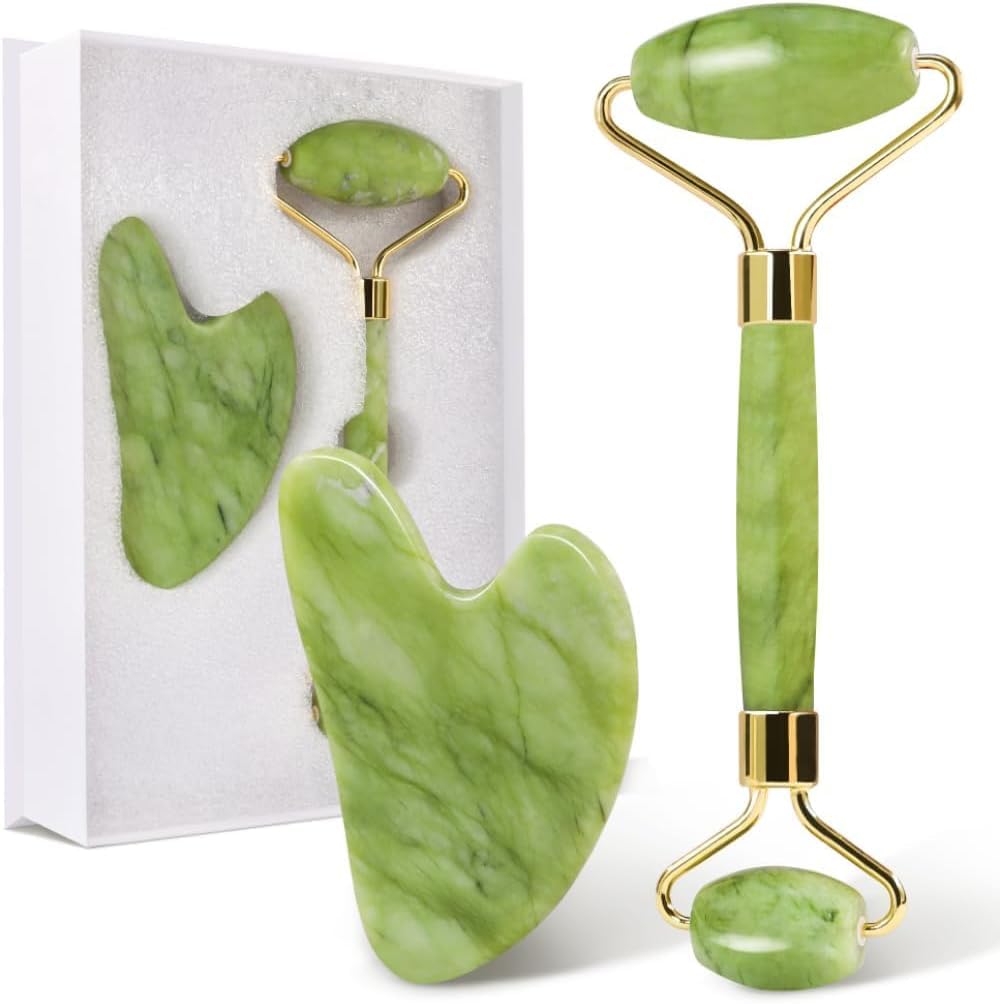 Natural Jade Roller & Gua Sha Set โ Face, Neck & Body Massage Tool for Anti-Ageing, Lymphatic Drainage, Puffy Eyes & Skin Therapy โ Genuine Stone Beauty Tool