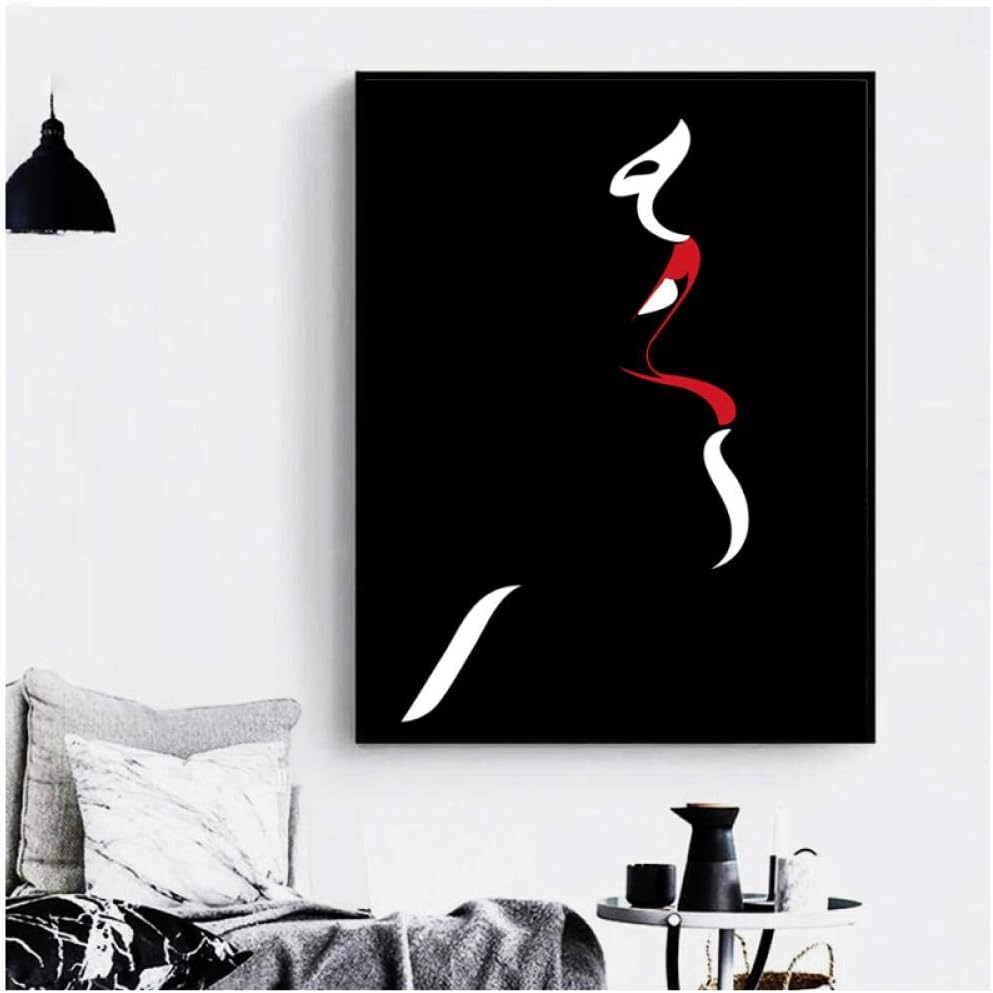 caomei Fashion Girl Face Red Lips Wall Art Canvas Painting Nordic Posters and Prints Black White Wall Pictures for Living Room Decor -50cmx70cm (no Frame)