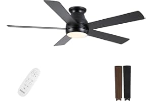 POCHFAN 52 Inch Black Ceiling Fans with Lights and Remote, LED Low Profile Flush Mount Ceiling Fan with Quiet DC Motor, Dimmable 6 Speeds Reversible Modern Ceiling Fan for Bedroom, Living Room