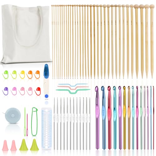 Katech Knitting Needles Set, 36Pcs Bamboo Knitting Needles for Beginners Adults, Including Single Pointed Knitting Needles, Ergonomic Crochet Hooks with Bag Perfect for Scarves, Blanket Hats