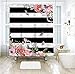 LIVILAN Black White Stripes Shower Curtain Set with 12 Hooks Fabric Bath Curtains Pink Flowers Decorative Thick Bathroom Curtain 70.8