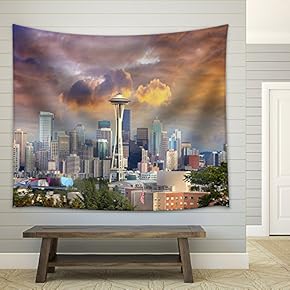 Seattle Washington Cityscape Skyline with Stormy Sky - Fabric Wall Tapestry Home Decor - 51x60 inches