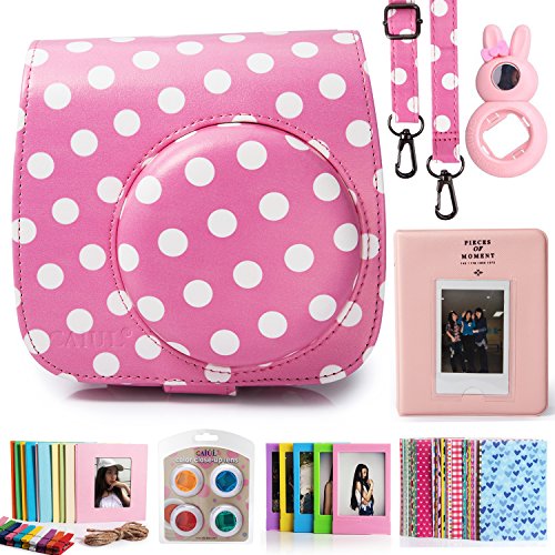 CAIUL Compatible Mini 8 8+ 9 Camera Case Accessories Bundle Kit for Fujifilm Instax Mini 8 8+ 9, Pink Dots (7 Items)