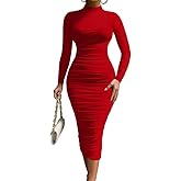 LAGSHIAN Women's Cocktail Bodycon Long Sleeve Mock Neck Mesh Ruched Midi Party Dress