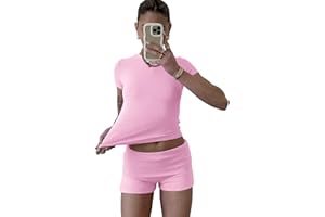 ZFLM Casual Workout Two Piece Outfits for Women Short Sleeve Crop High Waist Foldover Shorts Tracksuit Sets Streetwear