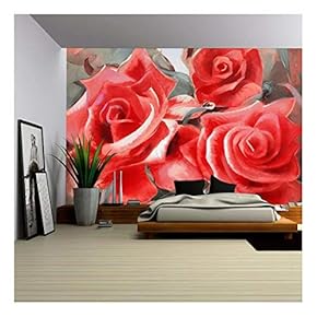 red Roses Motif Hand Painted Oil on Canvas - Removable Wall Mural | Self-Adhesive Large Wallpaper - 66x96 inches