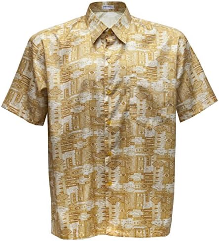 Men's Shirt Short Sleeve Thai Silk Patterned Paisley (Gold, XL)