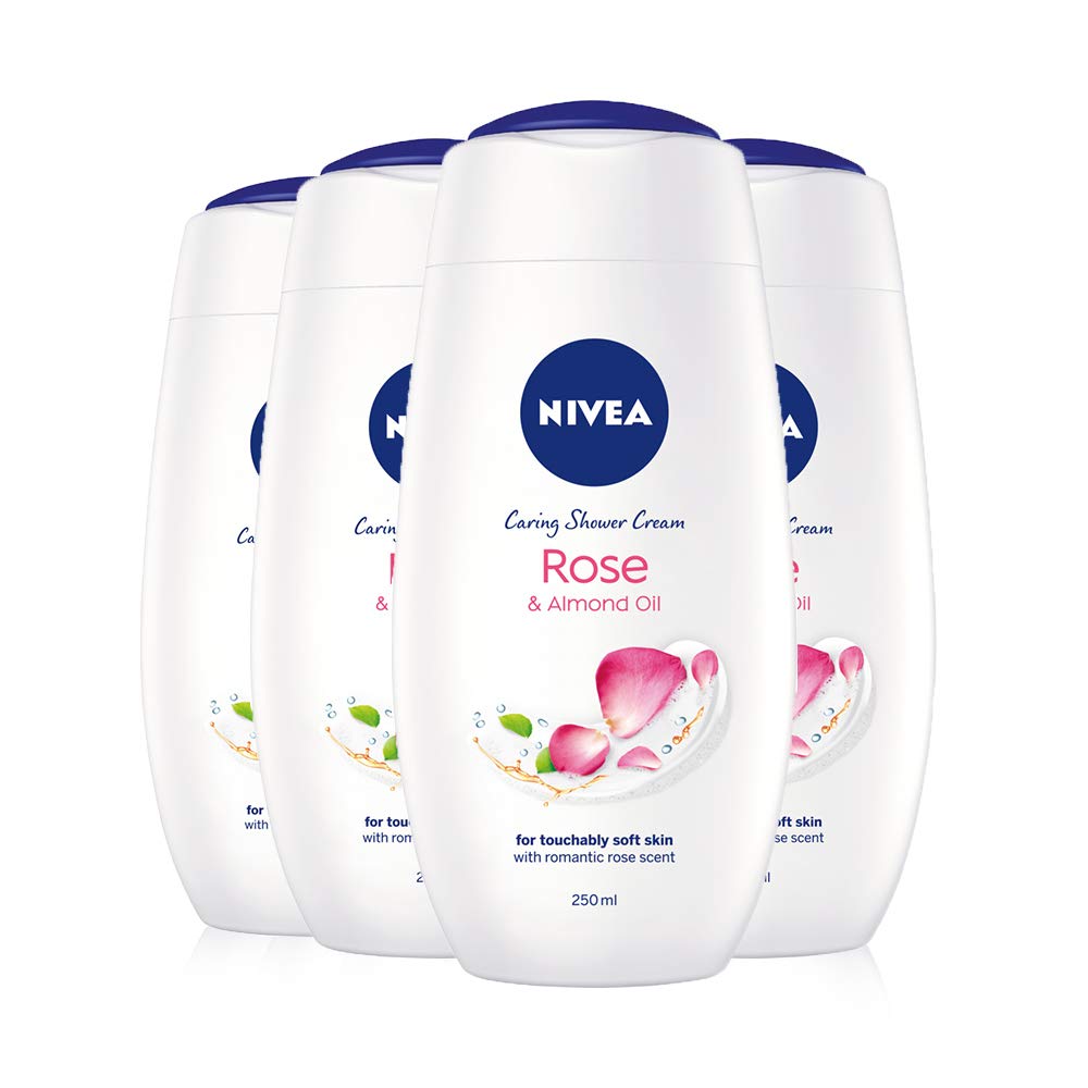 NIVEA Indulgent Moisture Rose Shower Cream Pack of 4 (4 x 250ml), Moisturising Shower Gel with Almond Milk, Luxurious Body Wash for Women, Body Wash with Argan Oil