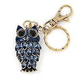 Cute Dark Blue Enamel Diamante Owl Keyring/ Bag Charm (Burn Gold Plated Metal)