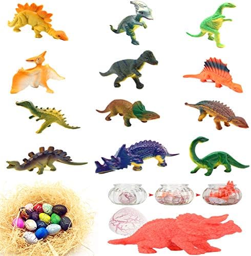 Qiandier 12pcs Dinosaurs Model with 10pcs Dinosaur Eggs Magic Hatching Growing Party Toys Kids Gift Multiple Styles and Colors